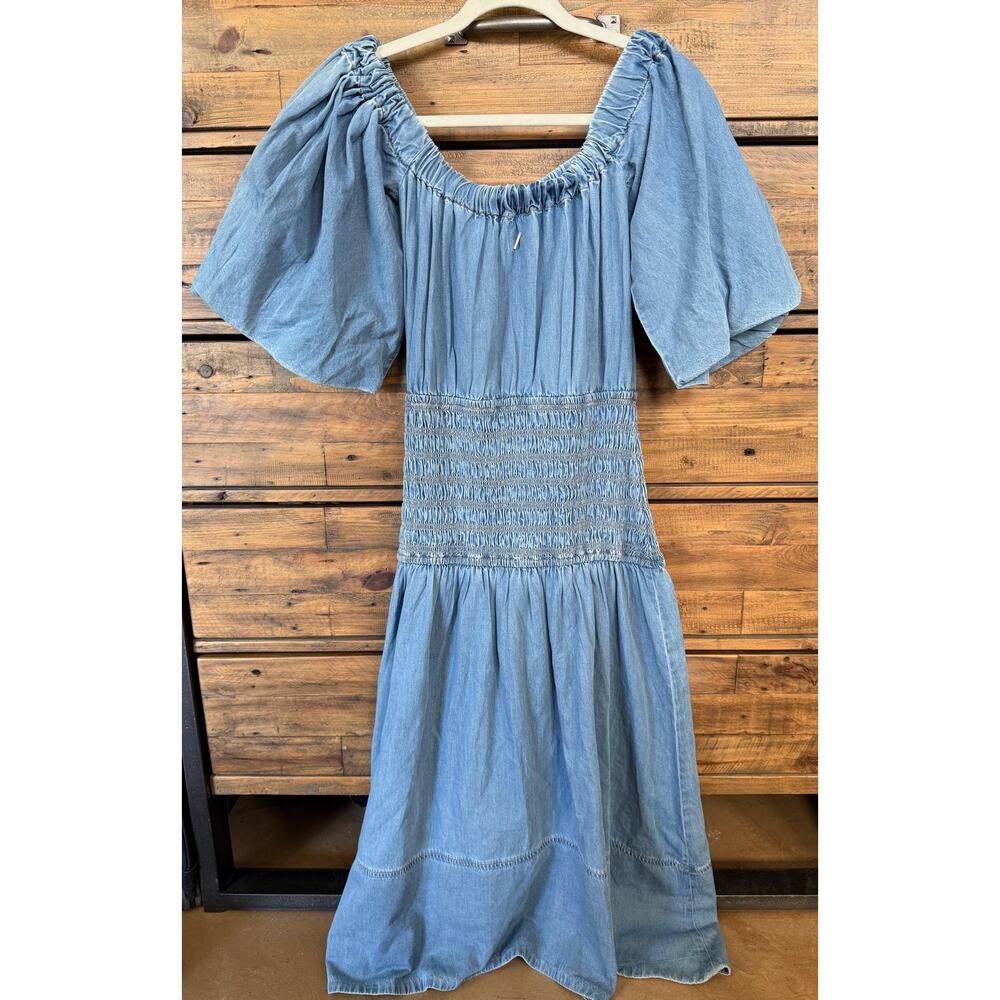 Misa Los Angeles Dress Womens Medium Blue Denim Smocked Puff Sleeve Midi NWT - Picture 2 of 11